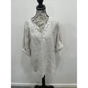 ELEMENTZ 100% Linen Embellished Blouse W/ 3/4 Sleeves Soft Glam Natural Sz XL